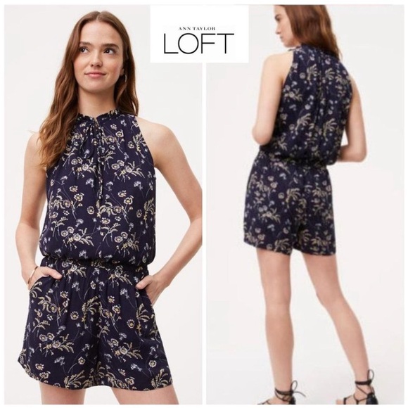 LOFT Pants - Ann Taylor Loft Navy Floral Casual Romper Size Small